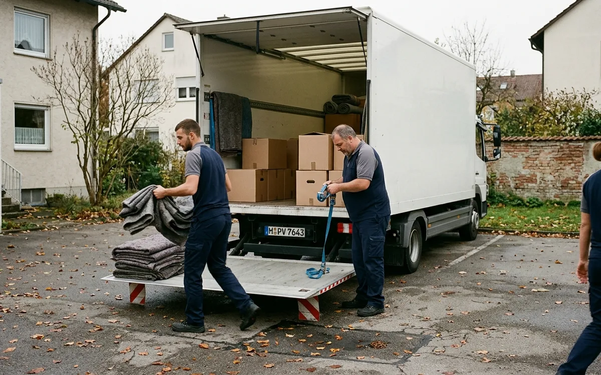 Die Umzugsmannschaft steht vor dem beladenen Umzugswagen