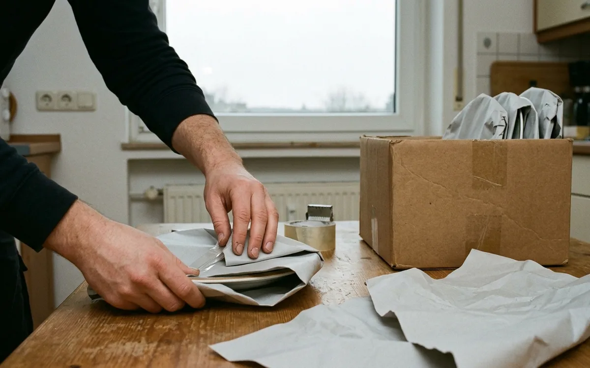 Einpackservice: Geschirr wird einzeln in Packpapier gewickelt