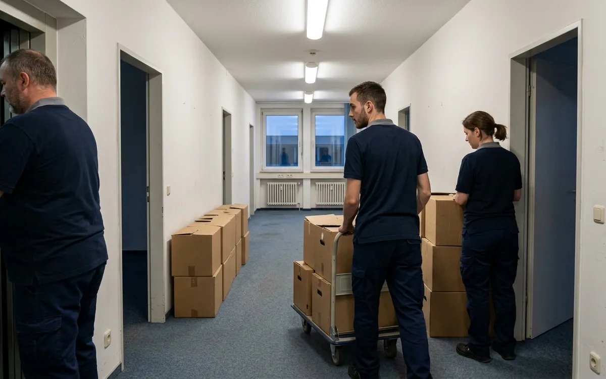 Firmenumzug in Wellen, Rollcontainer stehen abfahrbereit auf der Etage
