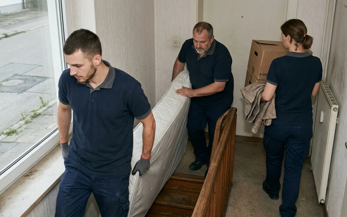 Hausumzug, ein Helfer trägt einen Karton die Treppe im Reihenhaus hinunter