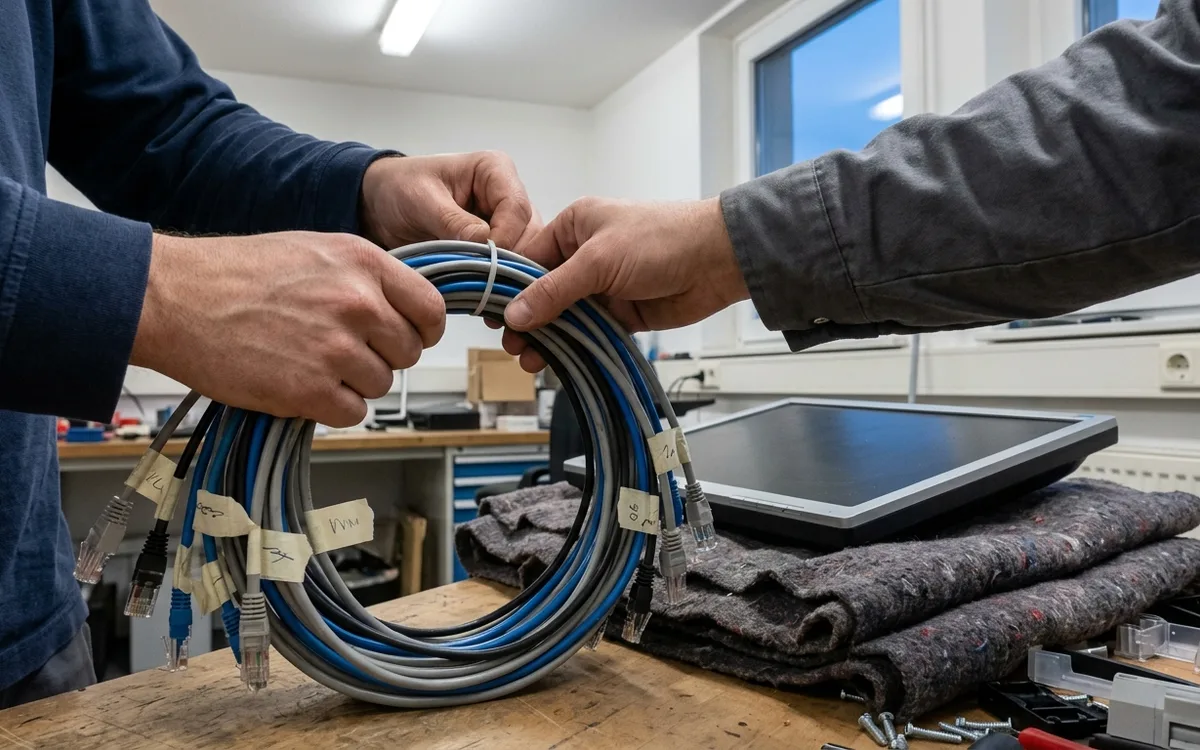 IT-Umzug: beschriftete Kabel und Netzwerktechnik werden gesichert verpackt