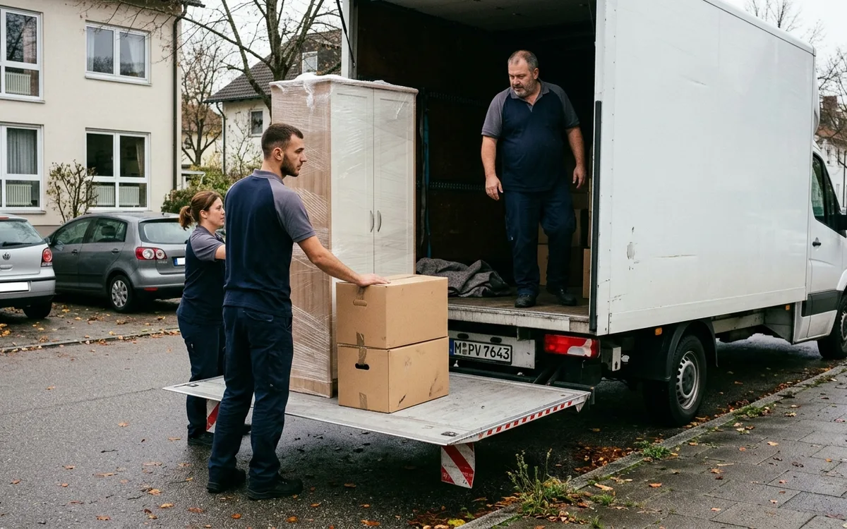 Ladebordwand am Umzugswagen, zwei Träger schieben eine Rollbox hinauf