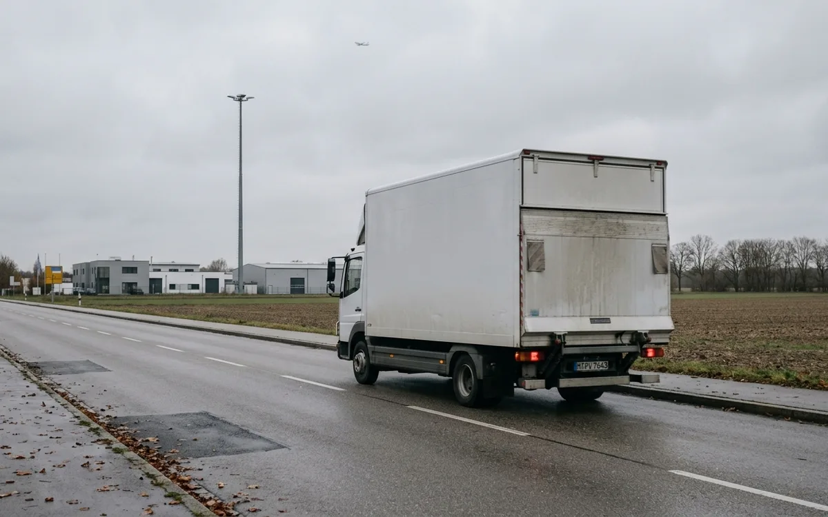 Transporter vor einem Mehrfamilienhaus, kurzer Weg von der Straße zur Wohnung