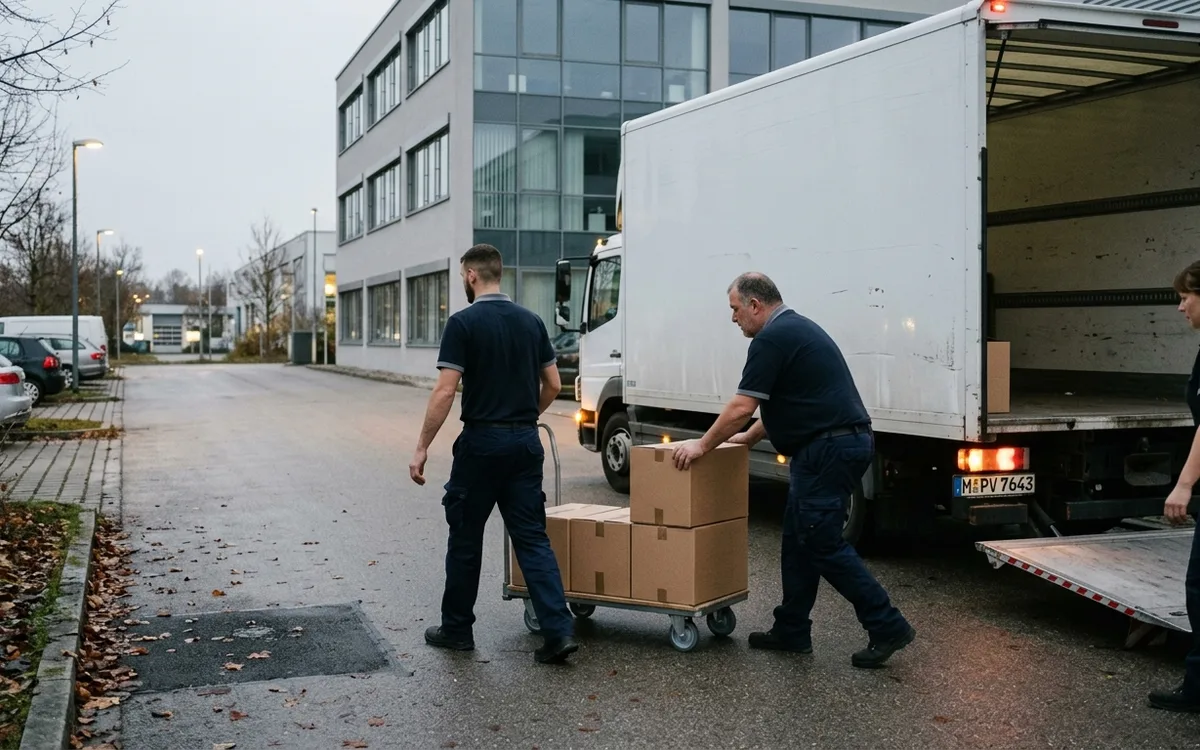 Umzugswagen am frühen Morgen vor einem Bürogebäude, die Mannschaft richtet die Ladefläche her