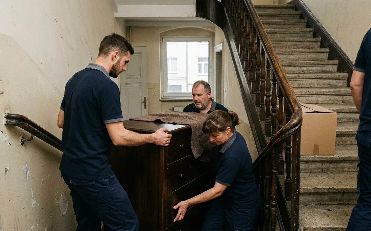 Enges Altbautreppenhaus, ein Helfer trägt einen Karton nach unten