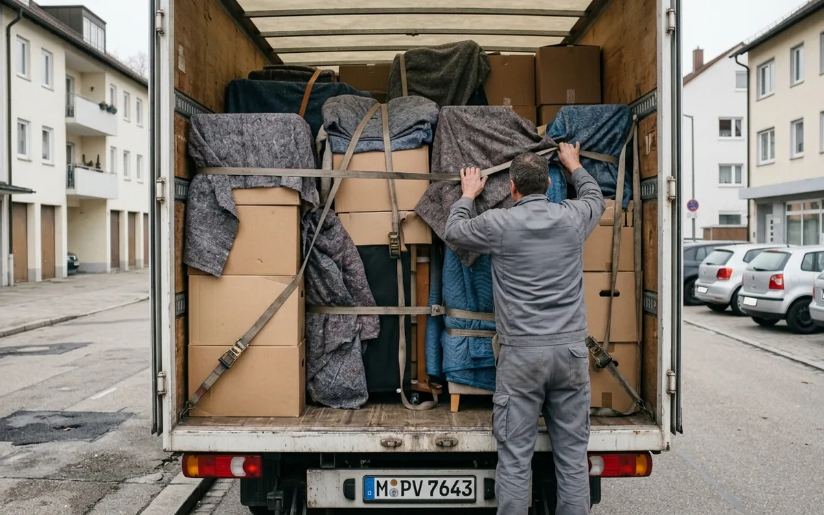 Fernumzug: der Laderaum ist bis unter die Decke gestapelt und gesichert
