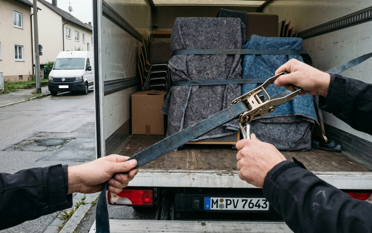 Die Ladung wird vor der Abfahrt mit Gurten gesichert
