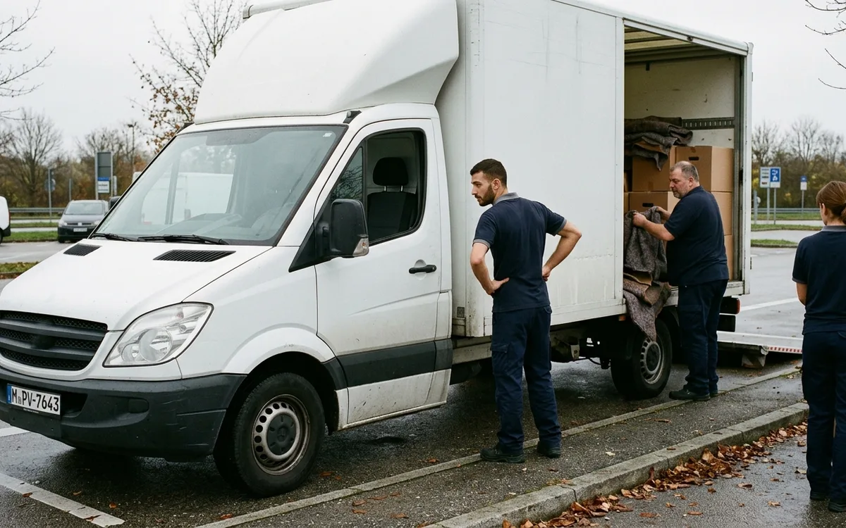 Umzugswagen auf einem Rastplatz während der Fernfahrt